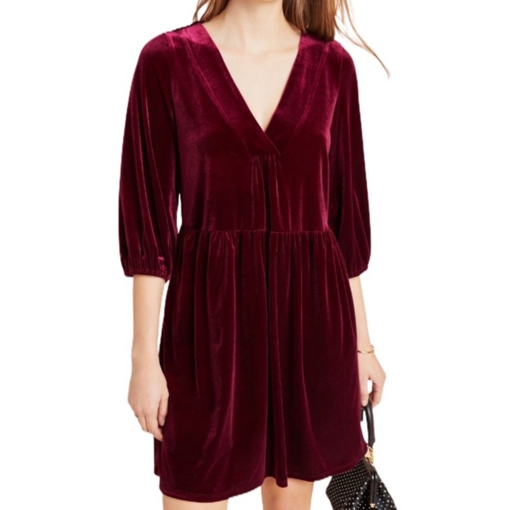 Amadi ANTHRO GRETA Velvet V-Neck Mini Dress Babydoll Burgundy WOMEN Large‎